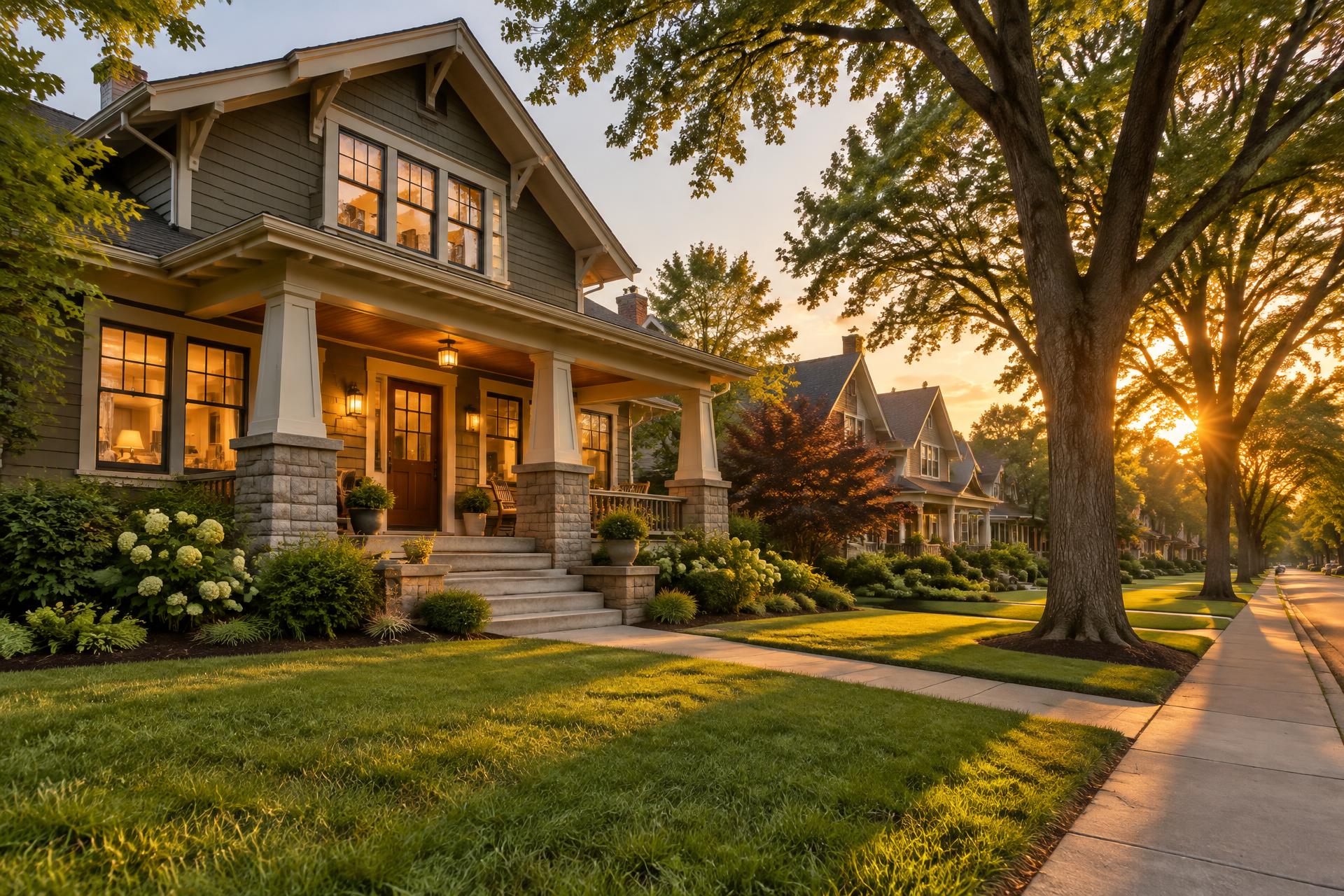 A warm craftsman home at golden hour on a tree-lined Lawrence street